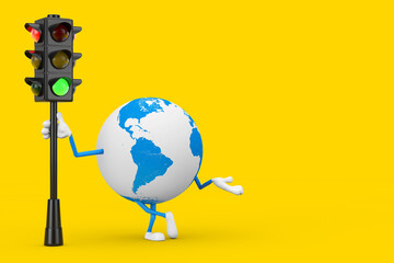 Poster - Earth Globe Character Mascot with Traffic Green Light. 3d Rendering