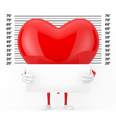 Aufkleber - Red Heart Character Mascot with Identification Plate in front of Police Lineup or Mugshot Background. 3d Rendering