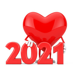 Aufkleber - Red Heart Character Mascot with 2021 New Year Sign. 3d Rendering