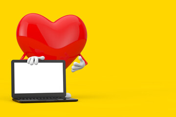 Aufkleber - Red Heart Character Mascot and Modern Laptop Computer with White Screen for Your Design. 3d Rendering