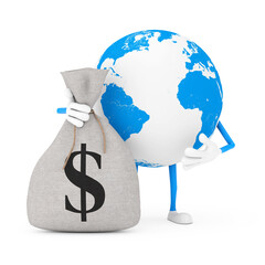 Poster - Earth Globe Character Mascot and Modern Mobile Phone and Tied Rustic Canvas Linen Money Sack or Money Bag with Dollar Sign. 3d Rendering