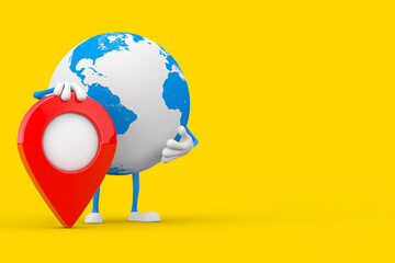 Poster - Earth Globe Character Mascot with Red Map Pointer Target Pin. 3d Rendering