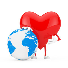 Aufkleber - Red Heart Character Mascot with Earth Globe. 3d Rendering