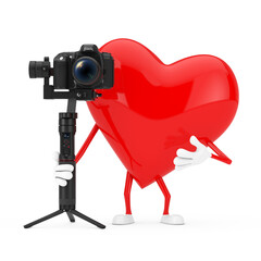 Leinwandbilder - Red Heart Character Mascot with DSLR or Video Camera Gimbal Stabilization Tripod System. 3d Rendering