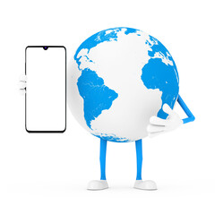 Poster - Earth Globe Character Mascot and Modern Mobile Phone with Blank Screen for Your Design. 3d Rendering