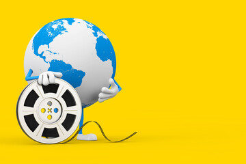 Poster - Earth Globe Character Mascot with Film Reel Cinema Tape. 3d Rendering