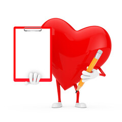 Poster - Red Heart Character Mascot with Red Plastic Clipboard, Paper and Pencil. 3d Rendering