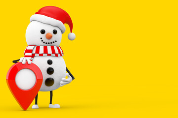 Poster - Snowman in Santa Claus Hat Character Mascot with Map Target Pointer Pin. 3d Rendering