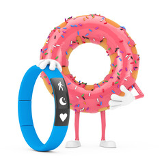 Poster - Big Strawberry Pink Glazed Donut Character Mascot with Blue Fitness Tracker. 3d Rendering