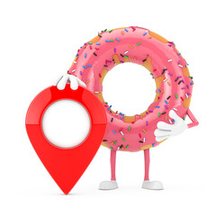 Poster - Big Strawberry Pink Glazed Donut Character Mascot with Map Pointer Target Pin. 3d Rendering