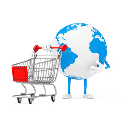 Aufkleber - Earth Globe Character Mascot with Shopping Cart Trolley. 3d Rendering