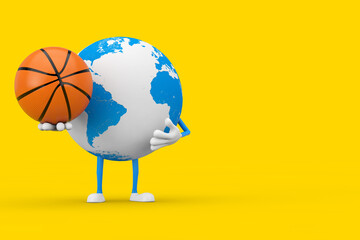 Poster - Earth Globe Character Mascot with Basketball Ball. 3d Rendering