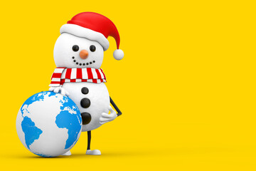 Aufkleber - Snowman in Santa Claus Hat Character Mascot with Earth Worldwide Globe. 3d Rendering