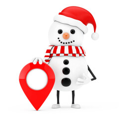 Poster - Snowman in Santa Claus Hat Character Mascot with Map Target Pointer Pin. 3d Rendering