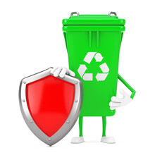 Recycle Sign Green Garbage Trash Bin Character Mascot With Red Metal Protection Shield. 3d Rendering