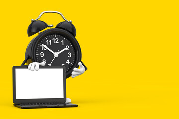 Poster - Alarm Clock Character Mascot and Modern Laptop Notebook Computer with Blank Screen for Your Design. 3d Rendering