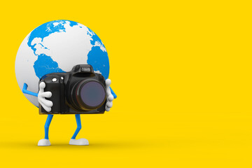 Leinwandbilder - Earth Globe Character Mascot with Modern Digital Photo Camera. 3d Rendering