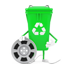 Poster - Recycle Sign Green Garbage Trash Bin Character Mascot with Film Reel Cinema Tape. 3d Rendering