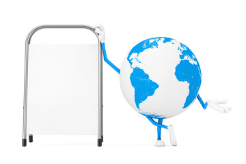 Leinwandbilder - Earth Globe Character Mascot with White Blank Advertising Promotion Stand. 3d Rendering
