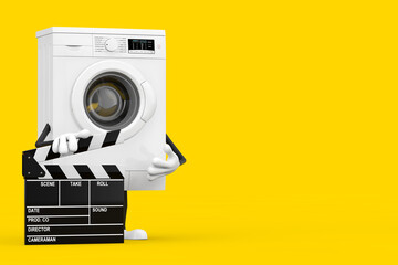 Aufkleber - Modern White Washing Machine Character Mascot with Movie Clapper Board. 3d Rendering