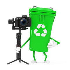 Leinwandbilder - Recycle Sign Green Garbage Trash Bin Character Mascot with DSLR or Video Camera Gimbal Stabilization Tripod System. 3d Rendering