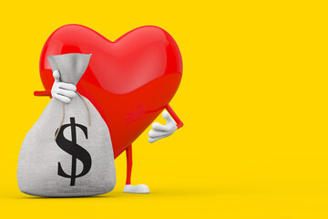 Poster - Red Heart Character Mascot and Tied Rustic Canvas Linen Money Sack or Money Bag with Dollar Sign. 3d Rendering