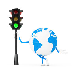 Poster - Earth Globe Character Mascot with Traffic Green Light. 3d Rendering