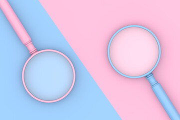 Poster - Blue and Pink Magnifying Glass in Duotone Style. 3d Rendering