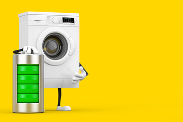 Poster - Modern White Washing Machine Character Mascot with with Abstract Charging Battery. 3d Rendering