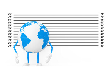 Aufkleber - Earth Globe Character Mascot in front of Police Lineup or Mugshot Background. 3d Rendering
