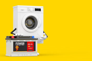 Aufkleber - Modern White Washing Machine Character Mascot and Rechargeable Car Battery 12V Accumulator with Abstract Label. 3d Rendering