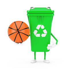Poster - Recycle Sign Green Garbage Trash Bin Character Mascot with Basketball Ball. 3d Rendering