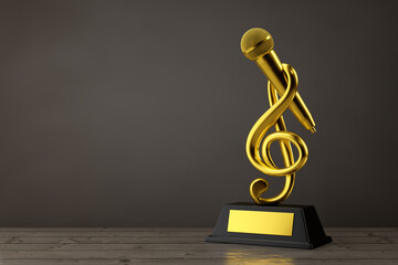 Golden Music Treble Clef with Microphone Award Trophy. 3d Rendering