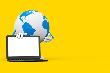 Aufkleber - Earth Globe Character Mascot and Modern Laptop Notebook Computer with Blank Screen for Your Design. 3d Rendering