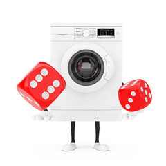 Poster - Modern White Washing Machine Character Mascot with Red Game Dice Cubes in Flight. 3d Rendering