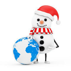 Aufkleber - Snowman in Santa Claus Hat Character Mascot with Earth Worldwide Globe. 3d Rendering