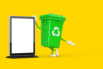 Leinwandbilder - Recycle Sign Green Garbage Trash Bin Character Mascot with Blank Trade Show LCD Screen Stand as Template for Your Design . 3d Rendering