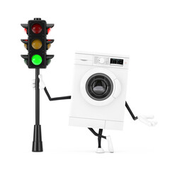 Aufkleber - Modern White Washing Machine Character Mascot with Traffic Green Light. 3d Rendering
