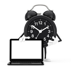 Leinwandbilder - Alarm Clock Character Mascot and Modern Laptop Notebook Computer with Blank Screen for Your Design. 3d Rendering
