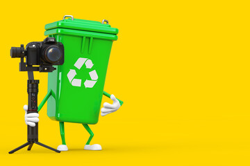 Leinwandbilder - Recycle Sign Green Garbage Trash Bin Character Mascot with DSLR or Video Camera Gimbal Stabilization Tripod System. 3d Rendering