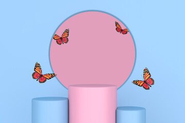 Poster - Flying Butterfly Between Pink and Blue Pedestal Promo Stands as Duontone Style. 3d Rendering