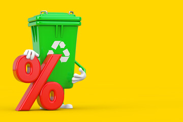 Poster - Recycle Sign Green Garbage Trash Bin Character Mascot with Red Retail Percent Sale or Discount Sign. 3d Rendering