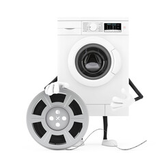 Poster - Modern White Washing Machine Character Mascot with Film Reel Cinema Tape. 3d Rendering