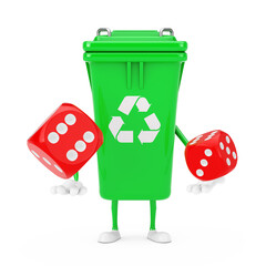 Poster - Recycle Sign Green Garbage Trash Bin Character Mascot with Red Game Dice Cubes in Flight. 3d Rendering