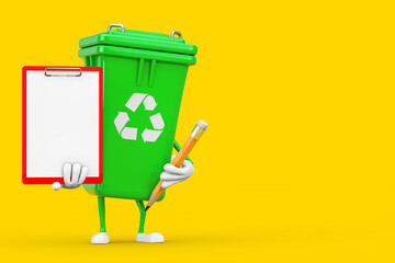 Poster - Recycle Sign Green Garbage Trash Bin Character Mascot with Red Plastic Clipboard, Paper and Pencil. 3d Rendering