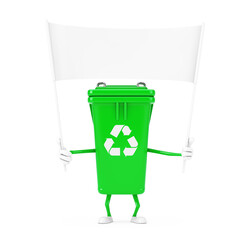 Fototapete - Recycle Sign Green Garbage Trash Bin Character Mascot and Empty White Blank Banner with Free Space for Your Design. 3d Rendering