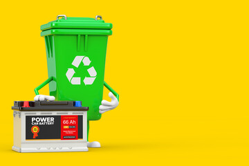 Poster - Recycle Sign Green Garbage Trash Bin Character Mascot  and Rechargeable Car Battery 12V Accumulator with Abstract Label. 3d Rendering