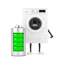 Aufkleber - Modern White Washing Machine Character Mascot with with Abstract Charging Battery. 3d Rendering