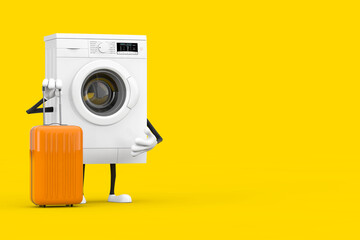 Aufkleber - Modern White Washing Machine Character Mascot with Orange Travel Suitcase. 3d Rendering