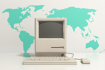 Poster - Retro Personal Computer. The System Unit, Monitor, Keyboard and Mouse in front of World Map. 3d Rendering